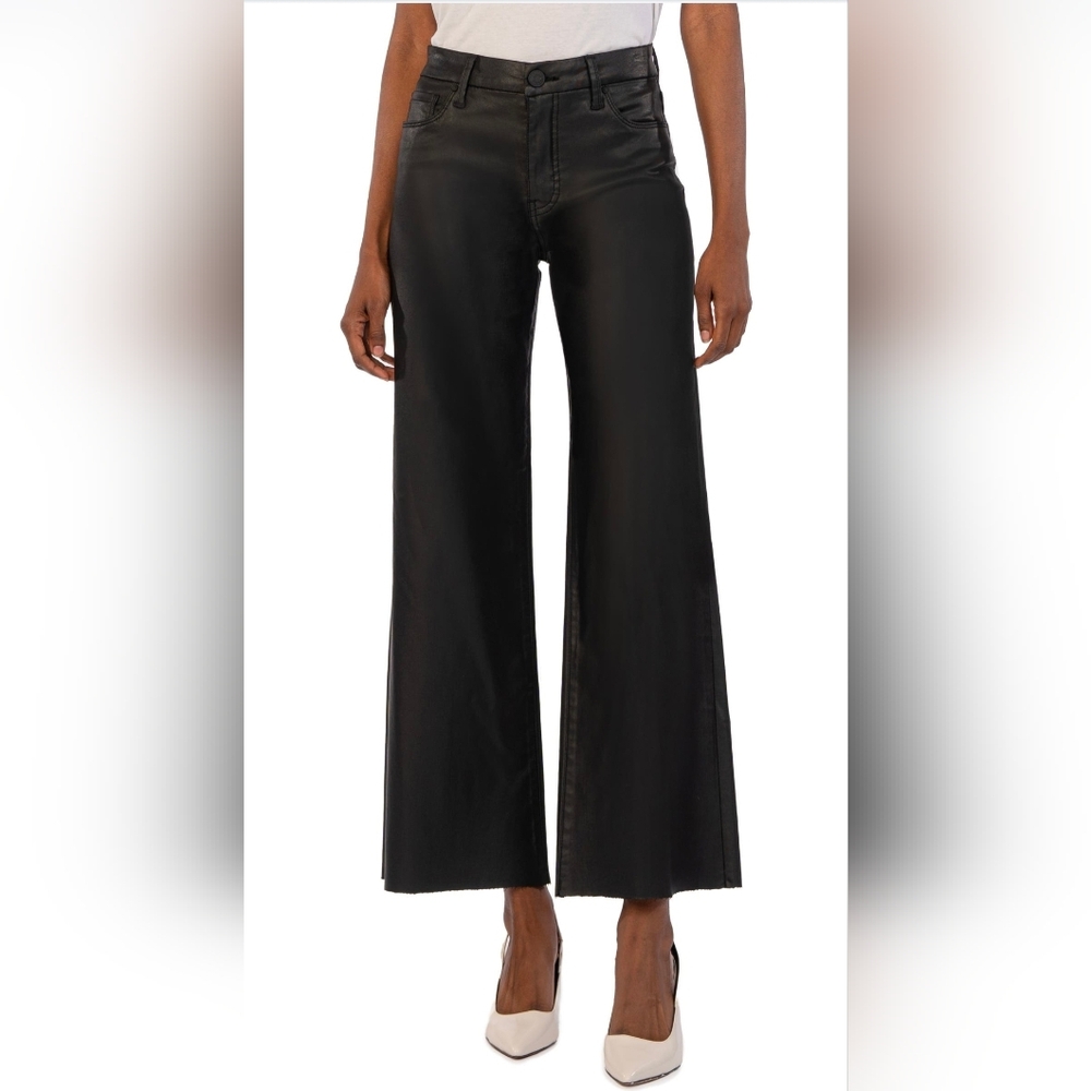 Kut From The Kloth Meg Fab Ab Black Coated Raw Hem Wide Leg Jeans - Size 16